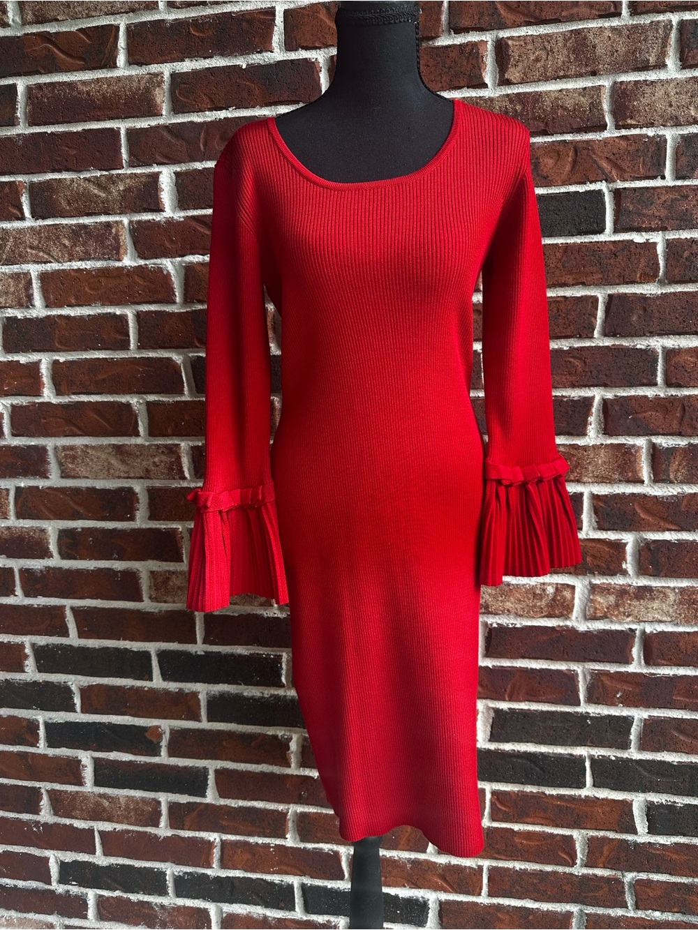 Sandra Darren Red Ribbed Midi Dress with Pleated Bell Sleeves